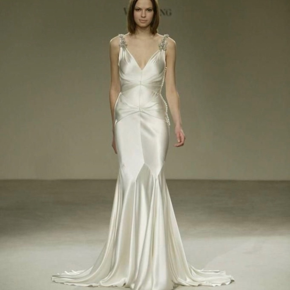 Vera Wang Old Hollywood V-neck silk gown in olive